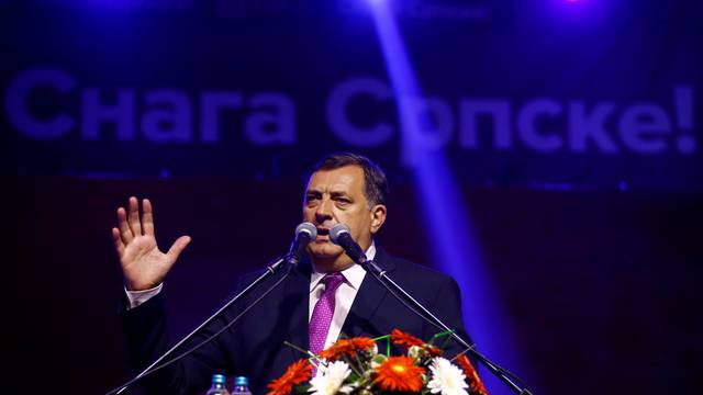 Milorad Dodik, President of Republika Srpska, speaks after the results of a referendum over a disputed national holiday during an election rally in Pale