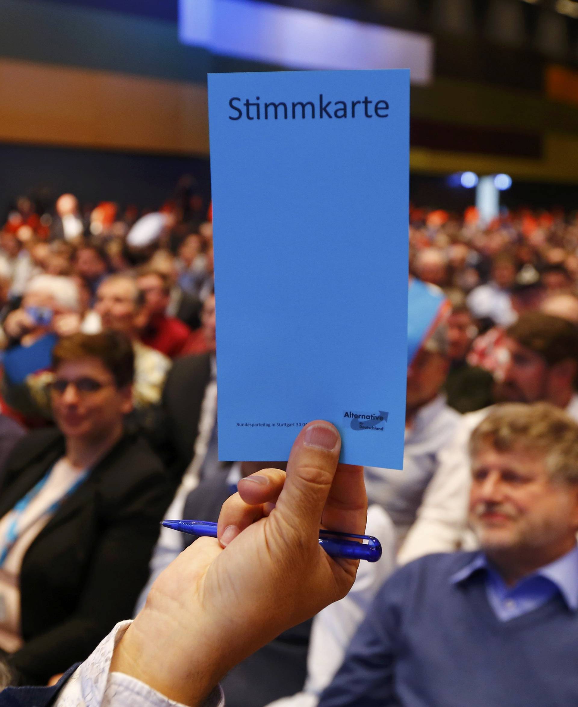 AfD party members hold voting cards during the AfD party congress in Stuttgart