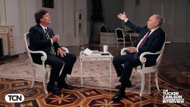 Russian President Vladimir Putin speaks during an interview with U.S. television host Tucker Carlson, in Moscow
