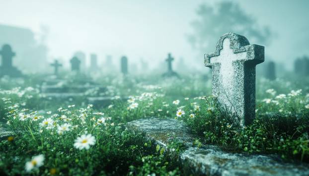 Eerie Graveyard Shrouded in Fog A Mystical and Otherworldly Scene, Spooky Cemetery with Fog, Ghostly Atmosphere, Gravestones, and Flowers