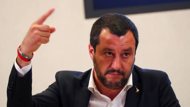 Italian Interior Minister Matteo Salvini gestures during a news conference with Libyan Deputy Prime Minister Ahmed Maiteeg in Rome