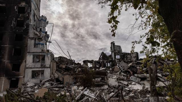 A view shows apartment buildings damaged by a Russian military strike in the front line city of Vuhledar