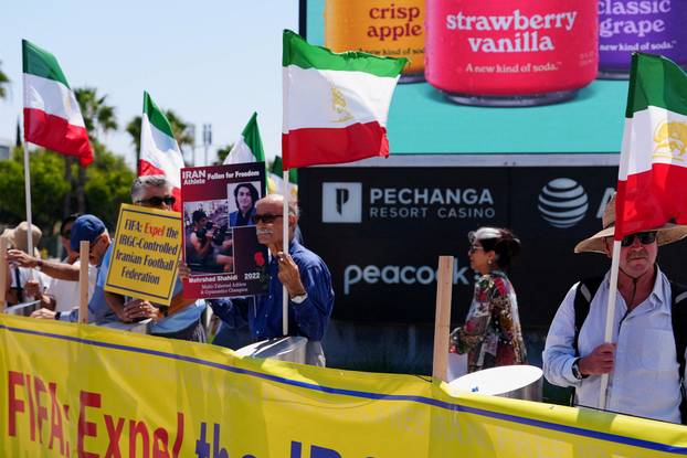 Protest ahead of Iran's first match during the FIFA World Cup 2026, near SoFi Stadium