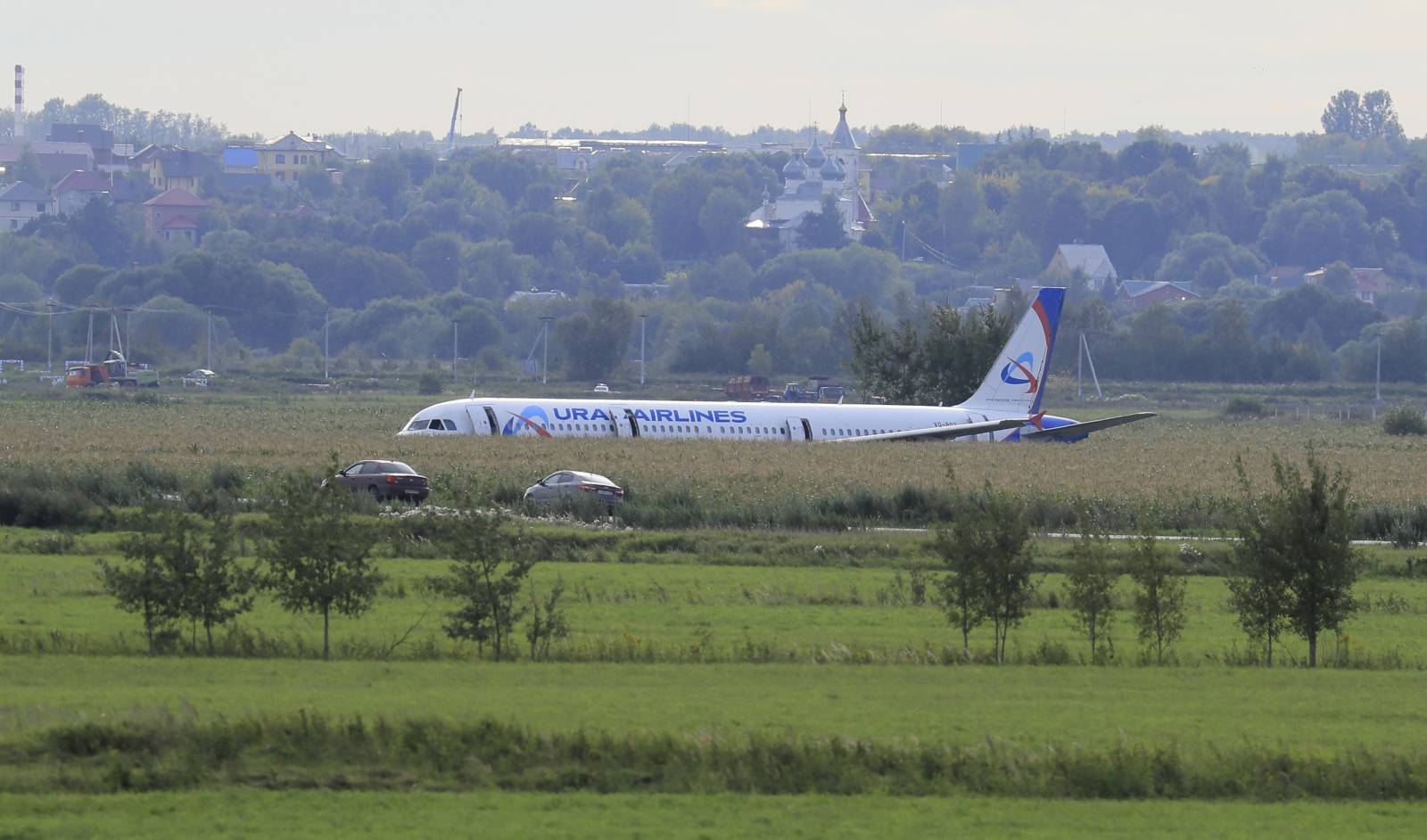 A view shows a passenger plane following an emergency landing near Moscow