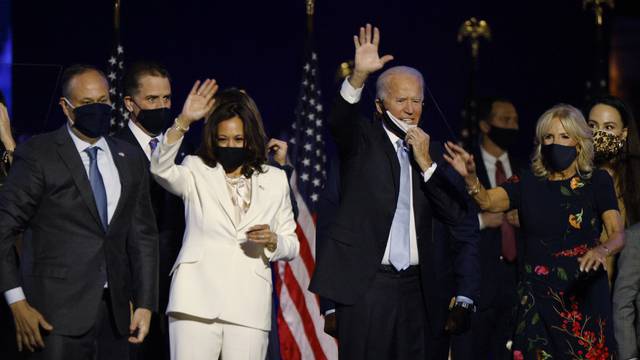 Democratic 2020 U.S. presidential nominee Biden and vice presidential nominee Harris celebrate at their election rally in Wilmington