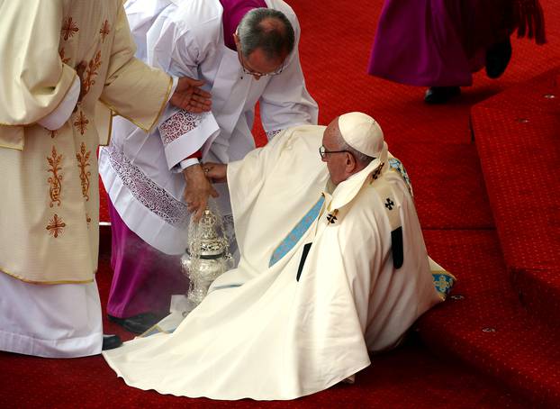 Pope Francis is helped after falling as he arrives at the Jasna Gora shrine in Czestochowa