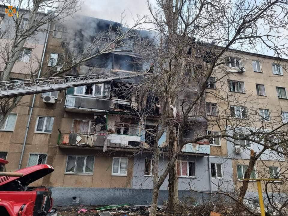 A view shows a residential building damaged by shelling in Mykolaiv