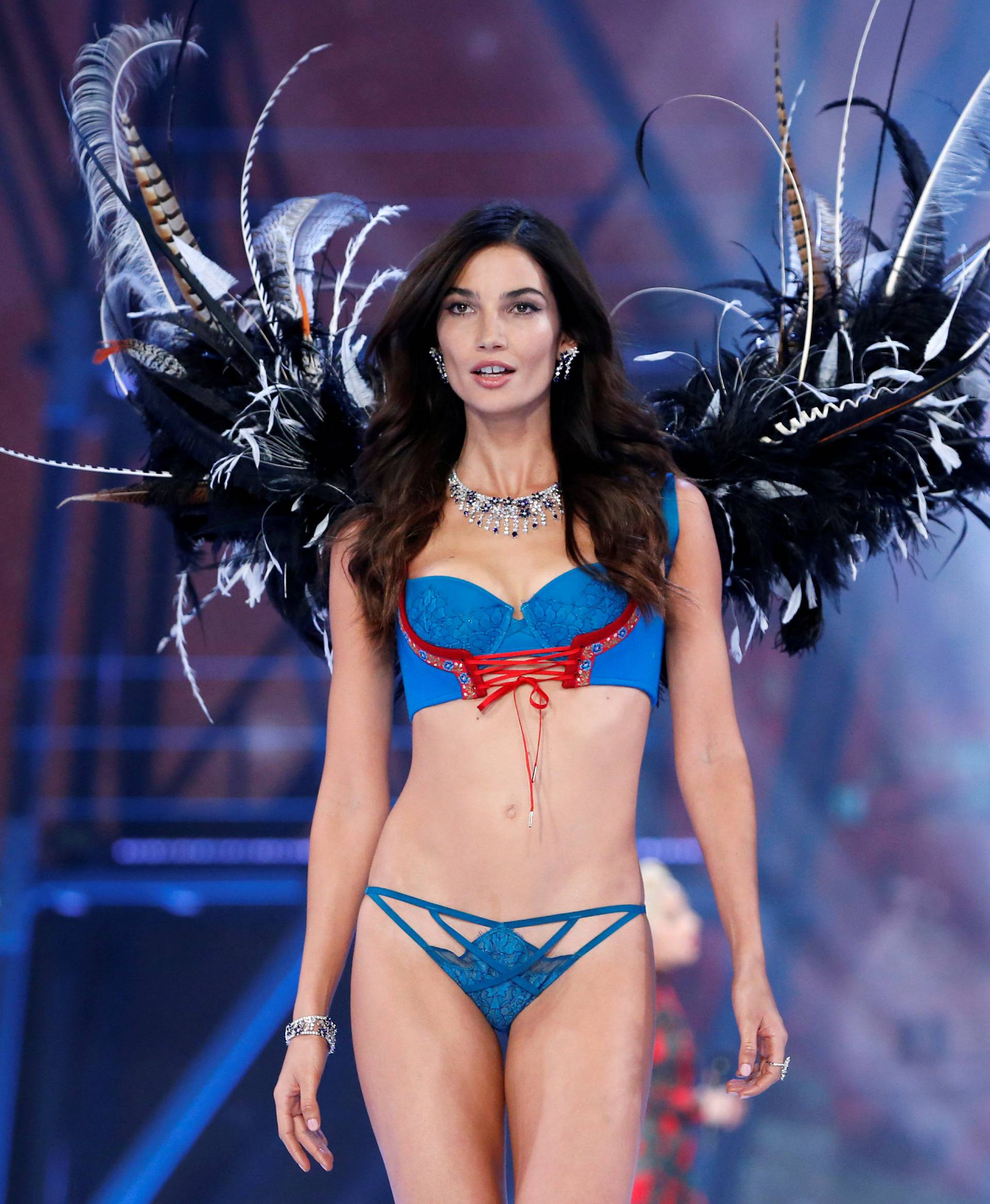 Model Lily Aldridge presents a creation during the 2016 Victoria's Secret Fashion Show at the Grand Palais in Paris