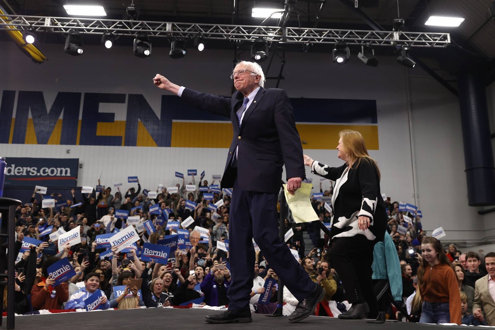 Democratic U.S. presidential candidate Senator Bernie Sanders arrives at his New Hampshire primary night rally in Manchester, N.H., U.S.