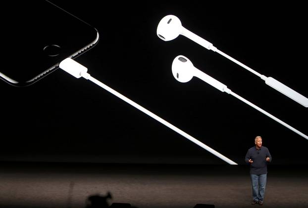 Phil Schiller discusses the audio features of the iPhone7 during a media event in San Francisco
