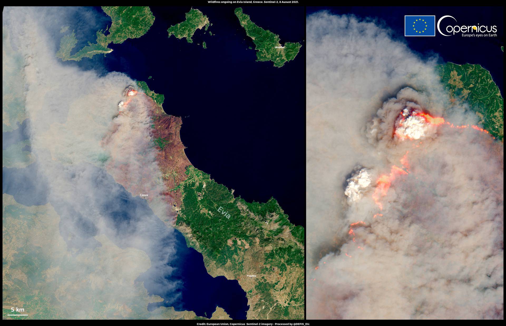 A satellite image shows a fire on Evia Island