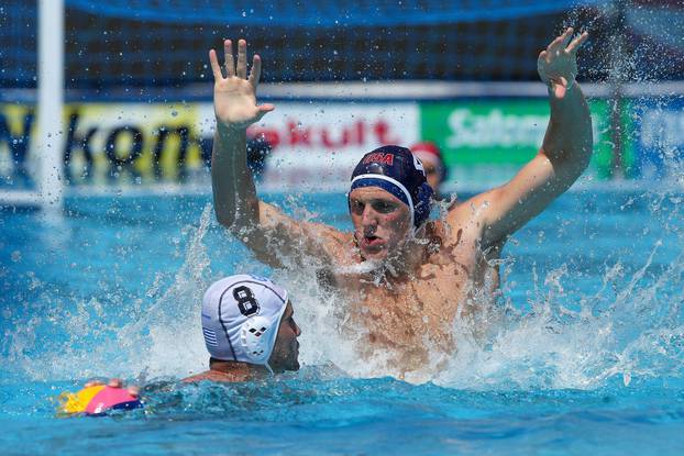 BUDAPEST, HUNGARY - JUNE 29: Stylianos Argyropoulos Kanakakis of Greece, Thomas Gruwell of United States during the FINA World Championships Budapest 2022 match Greece v USA at Alfred Hajos Swimming Complex on June 29, 2022 in Budapest, Hungary (Photo by 