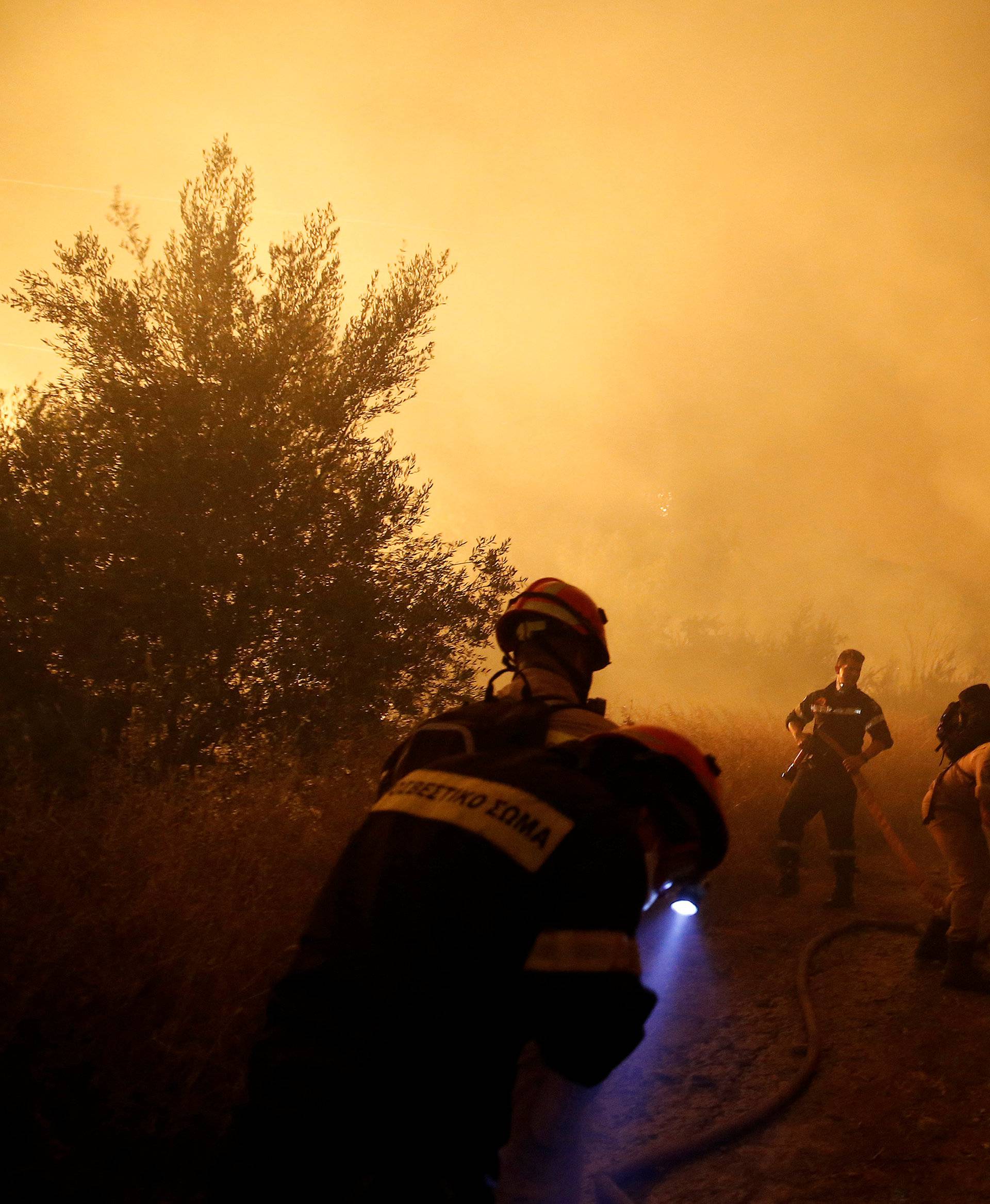 Firefighters try to extinguish a wildfire burning near the village of Kalamos