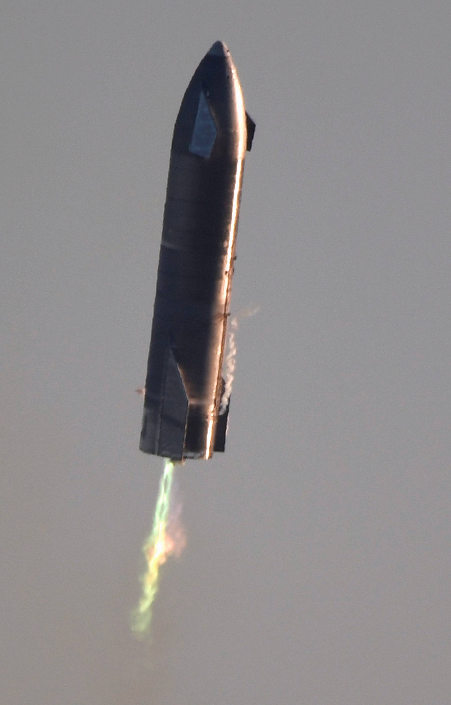 Test flight of SpaceX's first super heavy-lift Starship SN8 rocket after it launched from their facility in Boca Chica,Texas