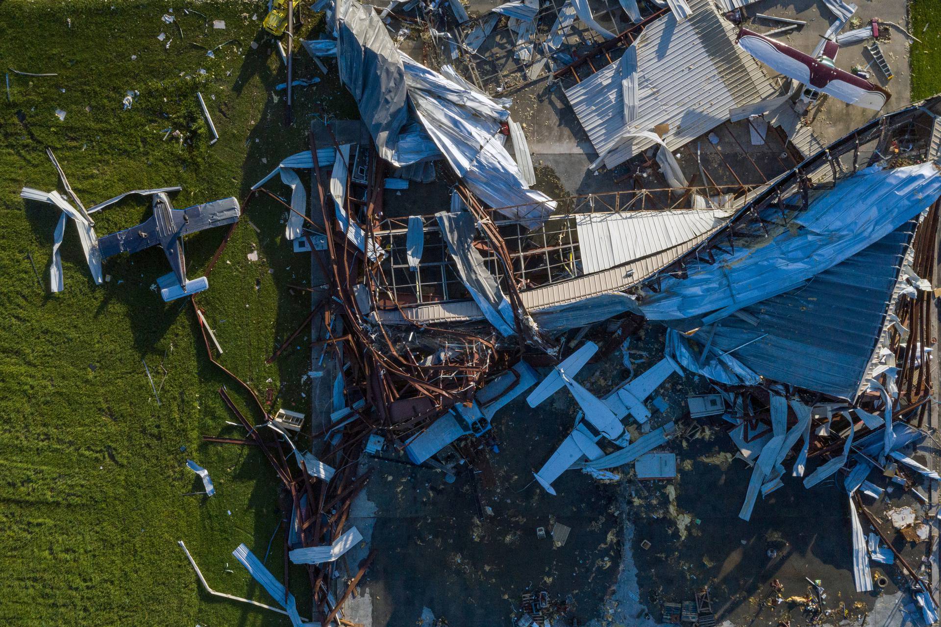 Destroyed planes lie damaged around a hanger in the aftermath of Hurricane Laura in Sulphur, Louisiana,