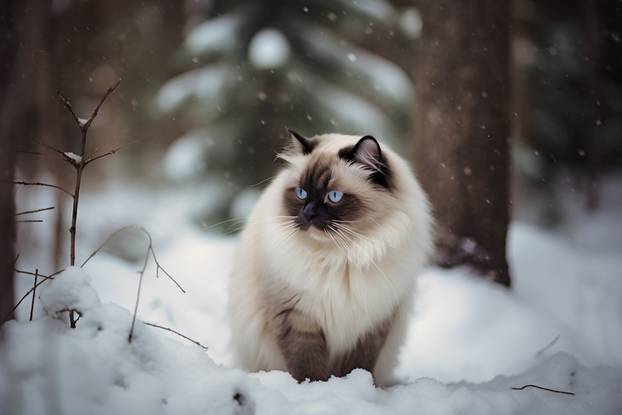 Beautiful Neva Masquerade cat sitting on snow in winter forest.