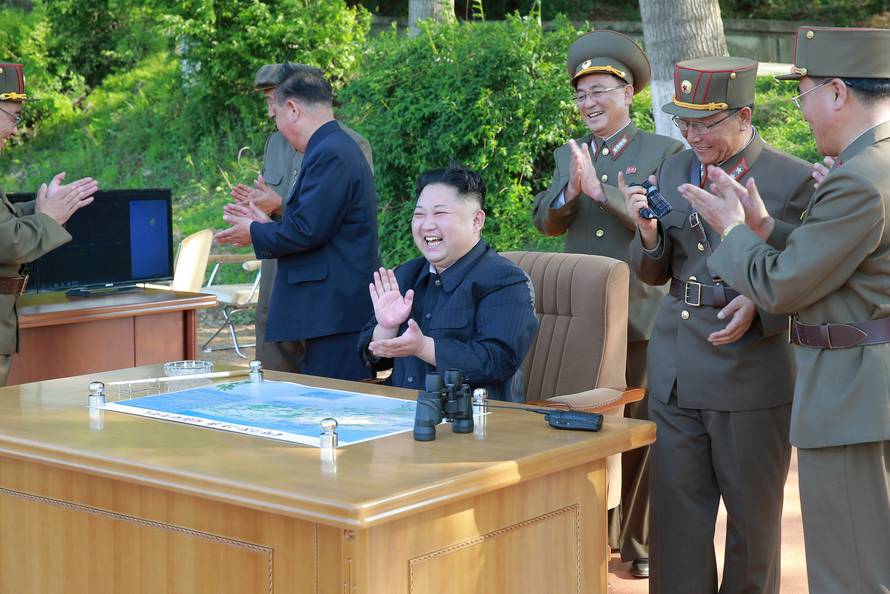 North Korean leader Kim Jong Un inspects the intermediate-range ballistic missile Pukguksong-2's launch test