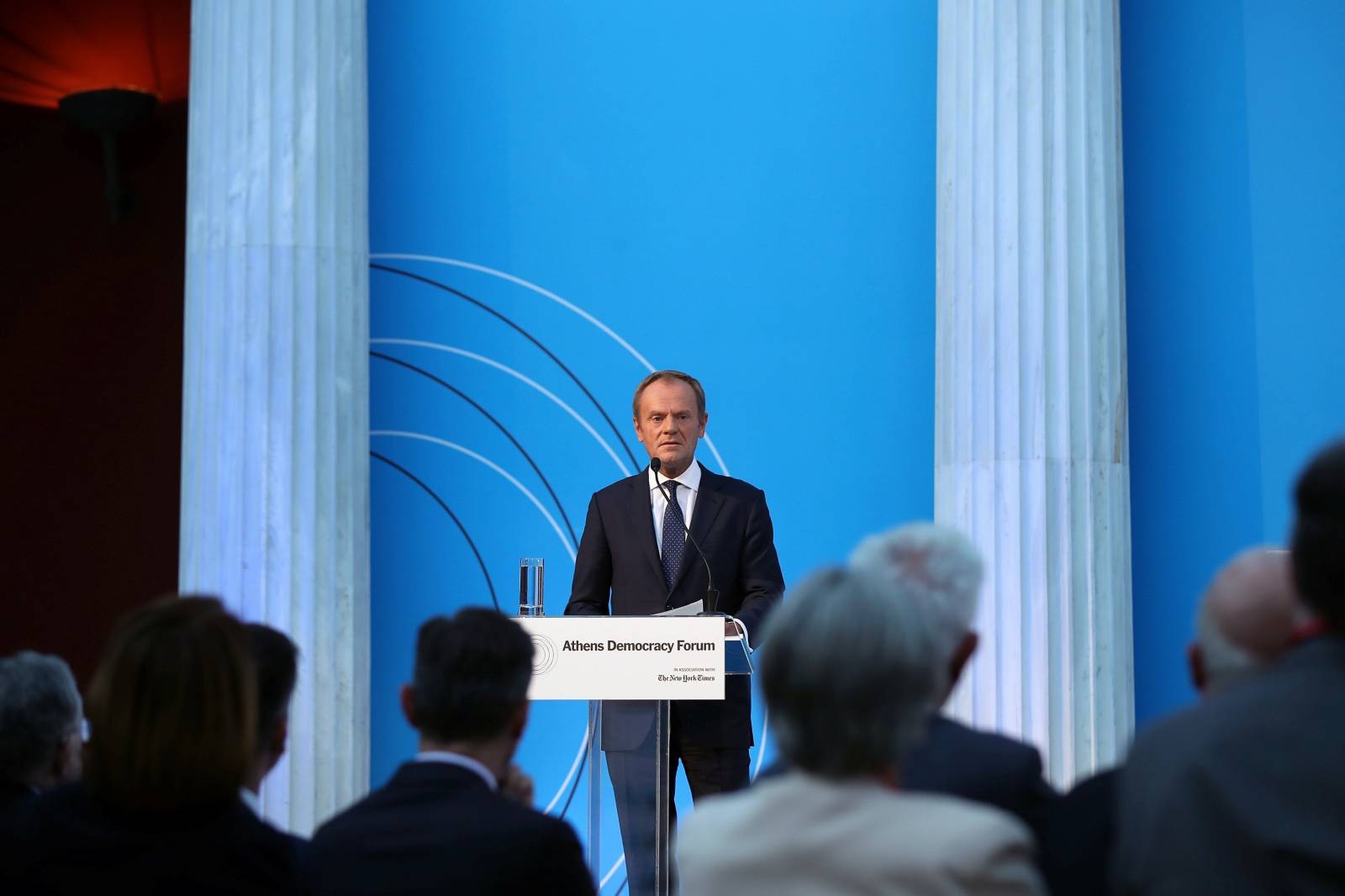 European Council President Donald Tusk delivers a speech at the Athens Democracy Forum in Athens