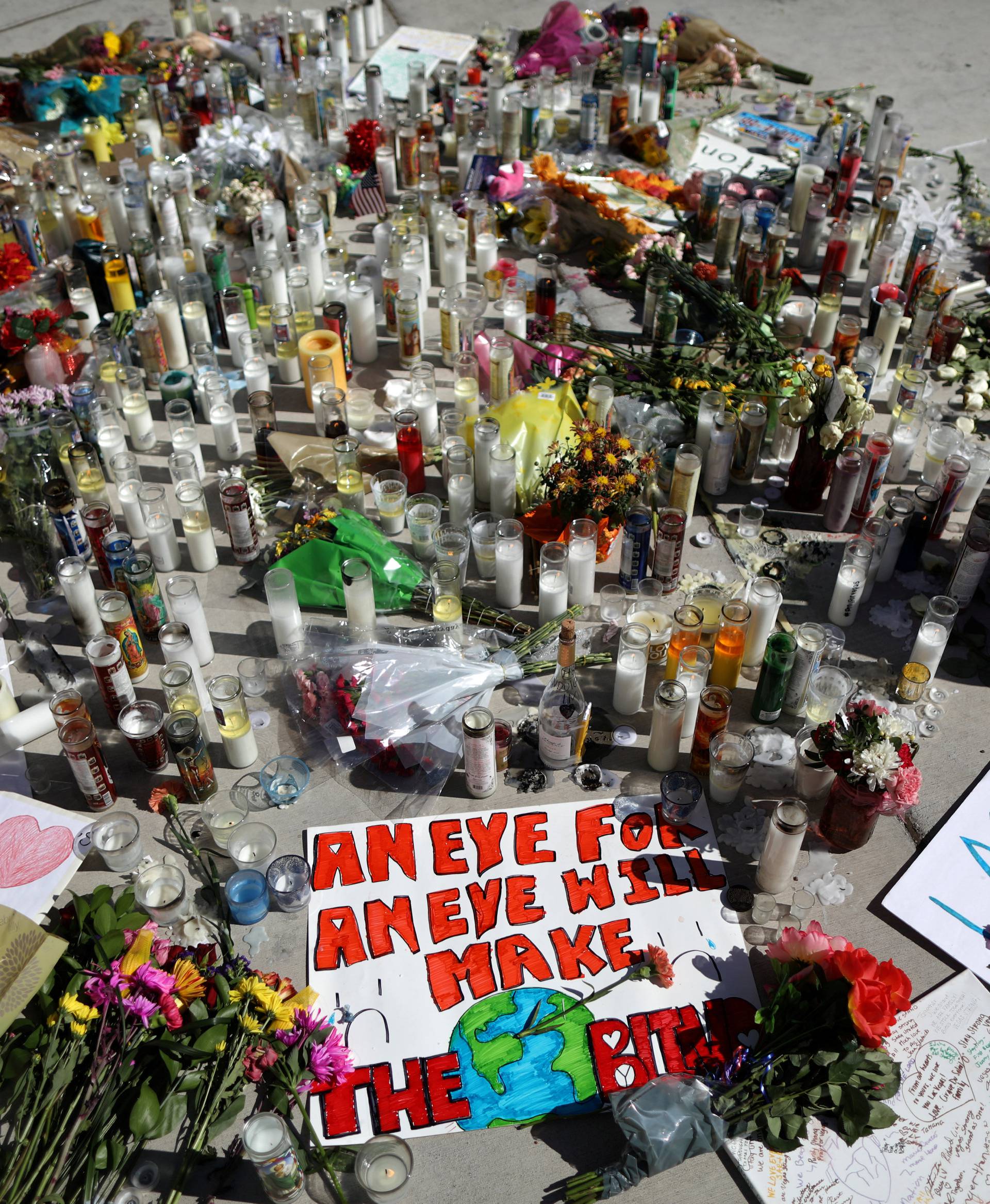 A makeshift memorial is seen on the Las Vegas Strip for victims of the Route 91 music festival mass shooting next to the Mandalay Bay Resort and Casino in Las Vegas