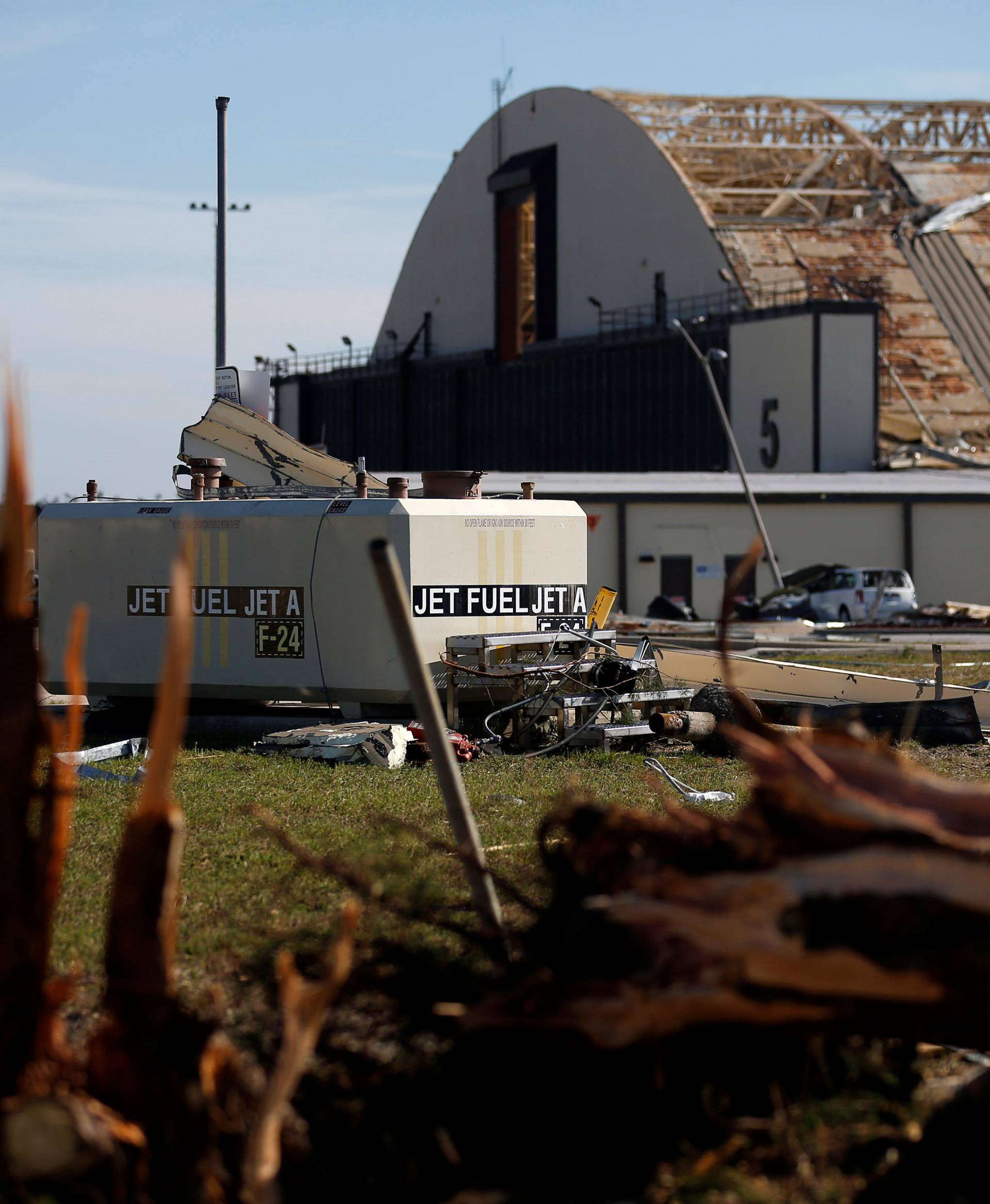 An aircraft hangar damaged by Hurricane Michael is seen at Tyndall Air Force Base