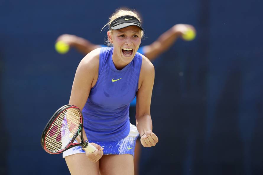 Croatia's Donna Vekic celebrates winning her second round match against USA's Julia Boserup