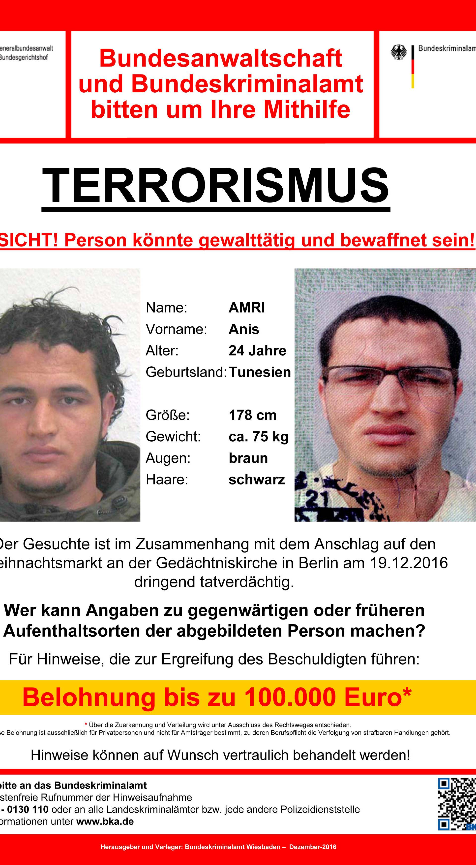 Handout wanted poster released by the German Bundeskriminalamt (BKA) Federal Crime Office shows suspect Anis Amri searched in relation with the Monday's truck attack on a Christmas market in Berlin