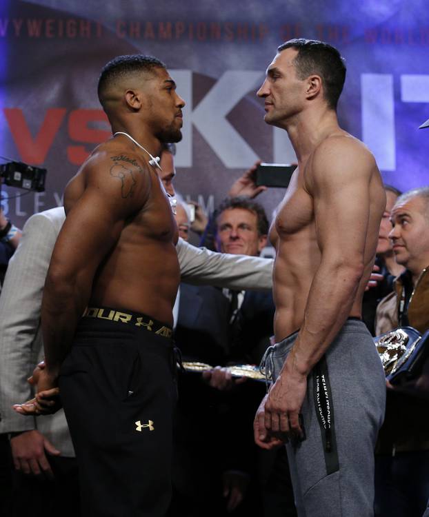 Anthony Joshua and Wladimir Klitschko go head to head during the weigh-in