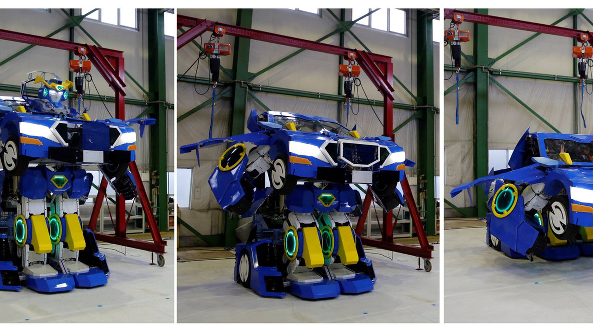 Combination picture shows a new transforming robot called "J-deite RIDE" that transforms itself into a passenger vehicle, developed by Brave Robotics Inc, Asratec Corp and Sansei Technologies Inc, at a factory near Tokyo