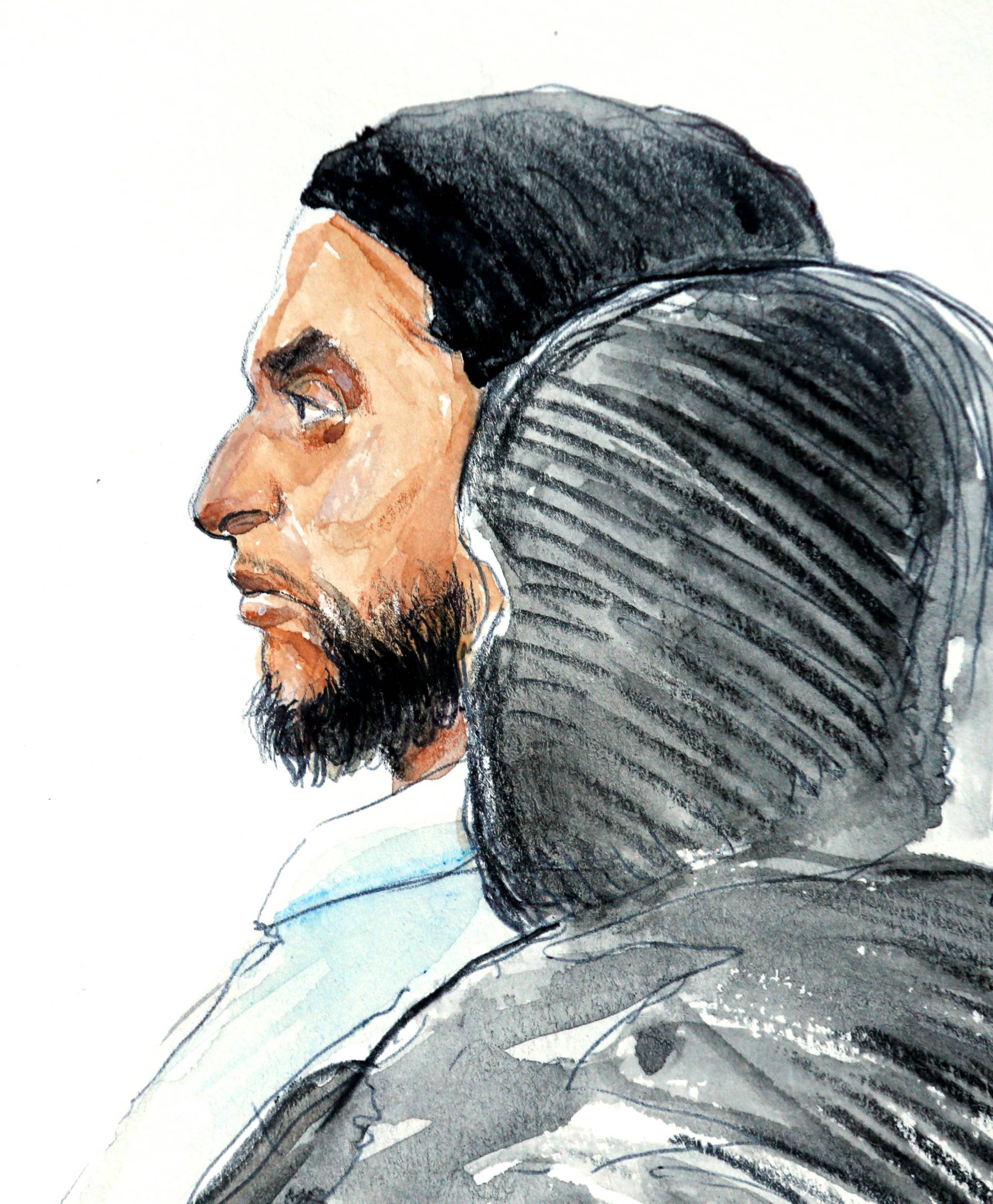 A court artist drawing shows Salah Abdeslam, one of the suspects in the 2015 Islamic State attacks in Paris, in court during his trial in Brussels