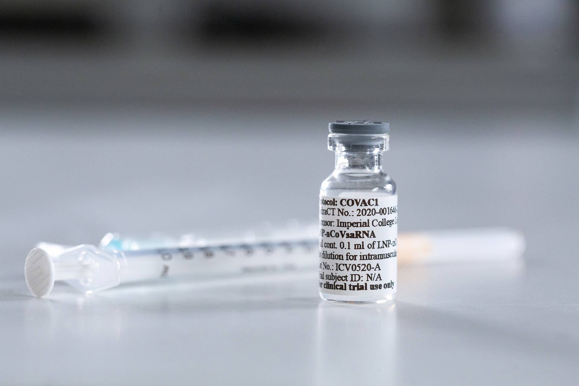 A vial with potential vaccine for the coronavirus disease (COVID-19) is pictured at the Imperial College London