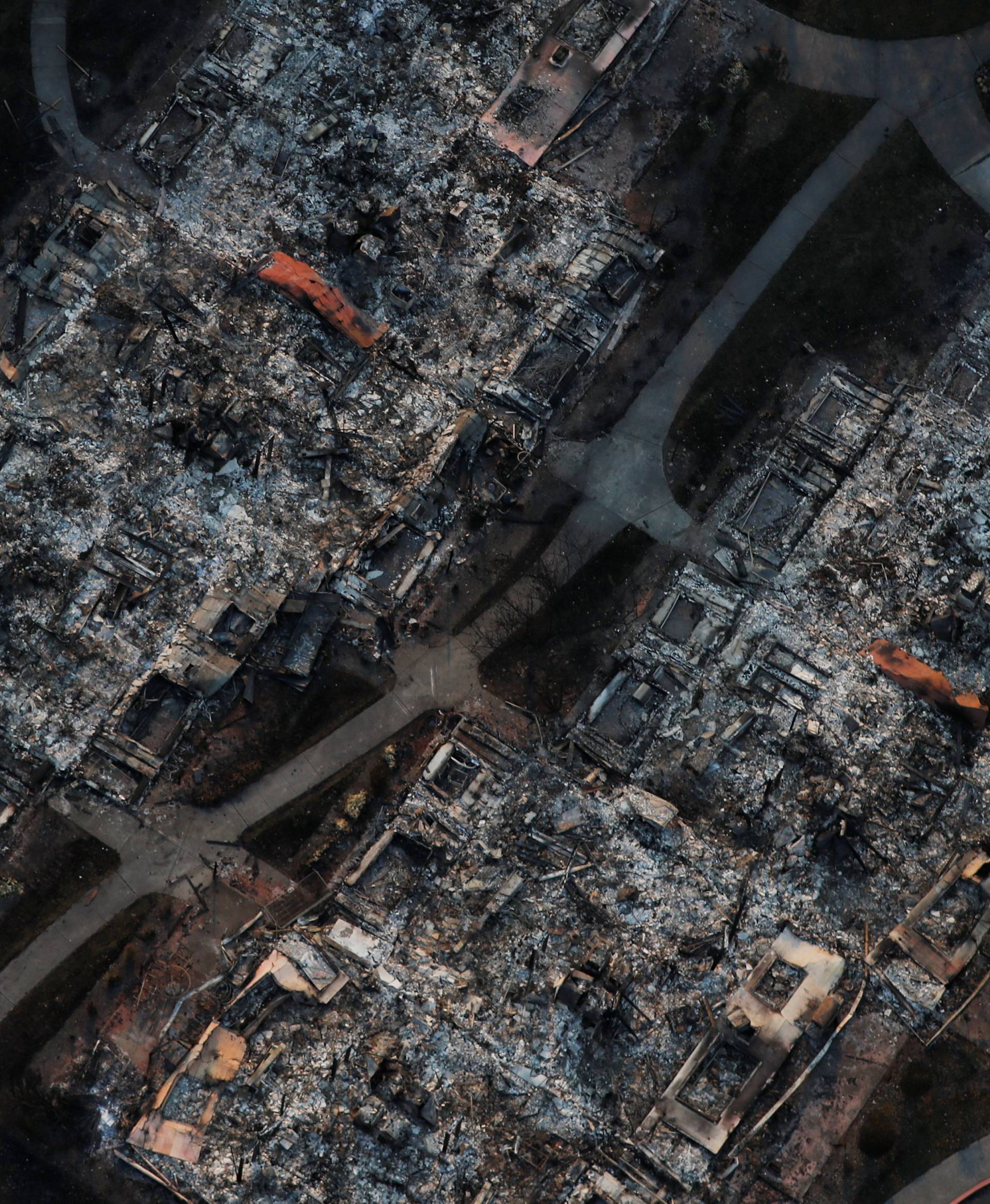 An aerial view of properties destroyed by the Tubbs Fire is seen in Santa Rosa, California