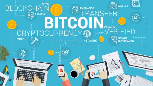 Bitcoin. Flat Design Style Web Banner Of Blockchain Technology, 