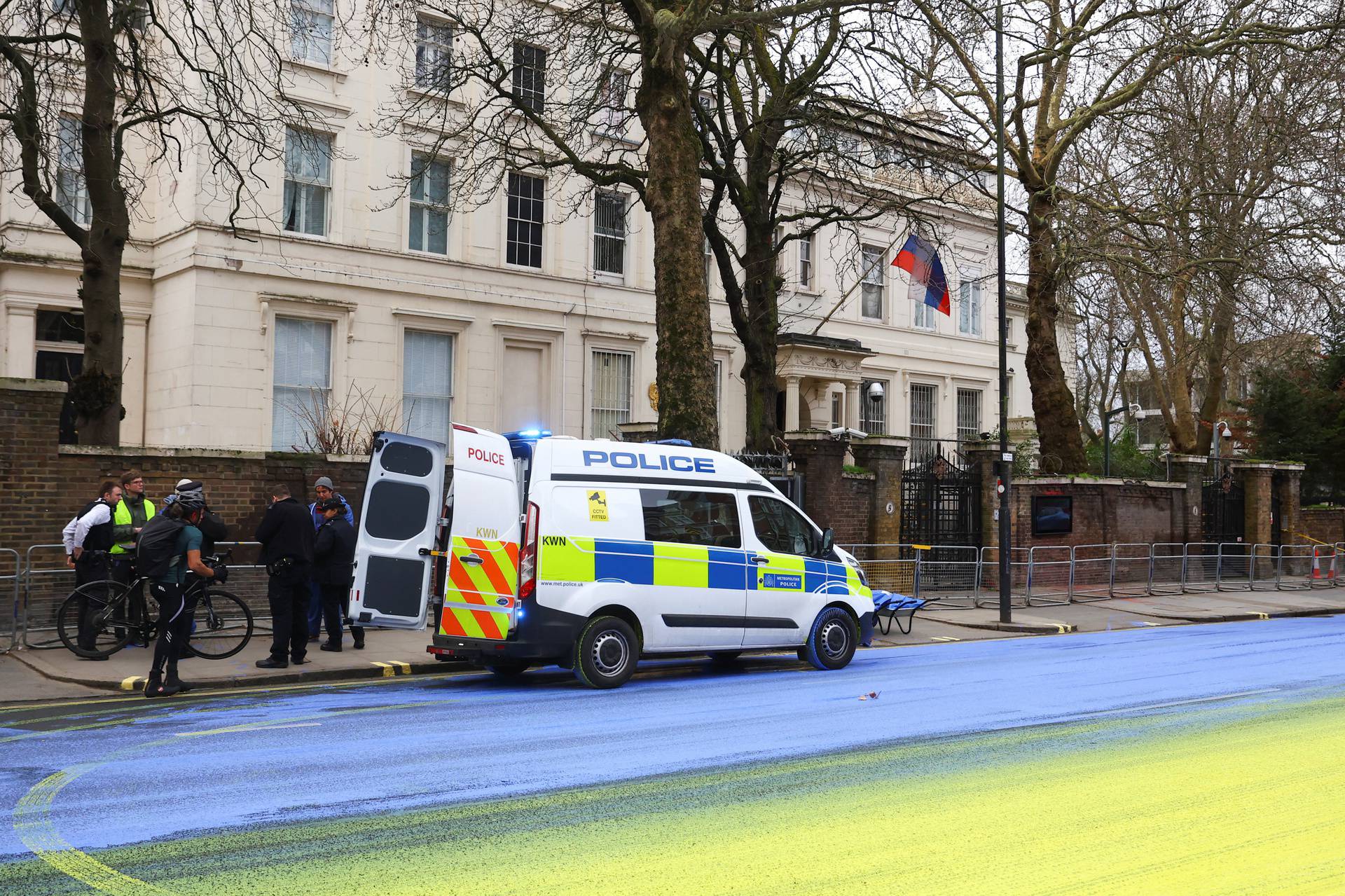 Protest group 'Led by Donkeys' demonstrate outside the Russian Embassy in London