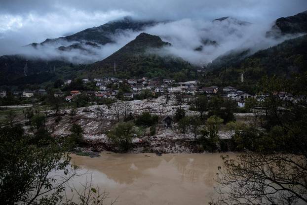 A view shows a flooded residential area in Donja Jablanica