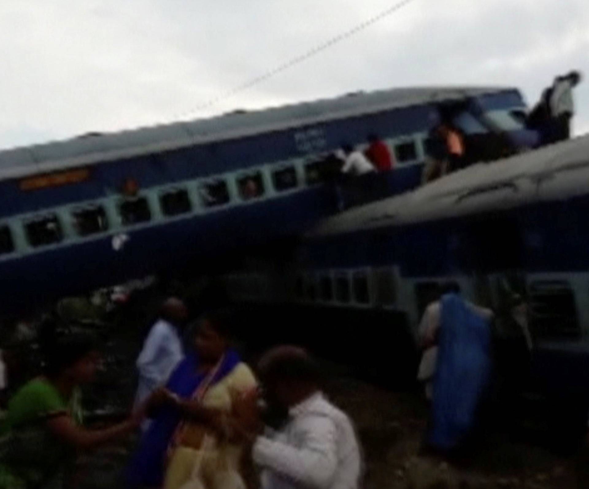 Derailed carriages of Kalinga-Utkal express train are seen in this still taken from video in Khatauli, Uttar Pradesh