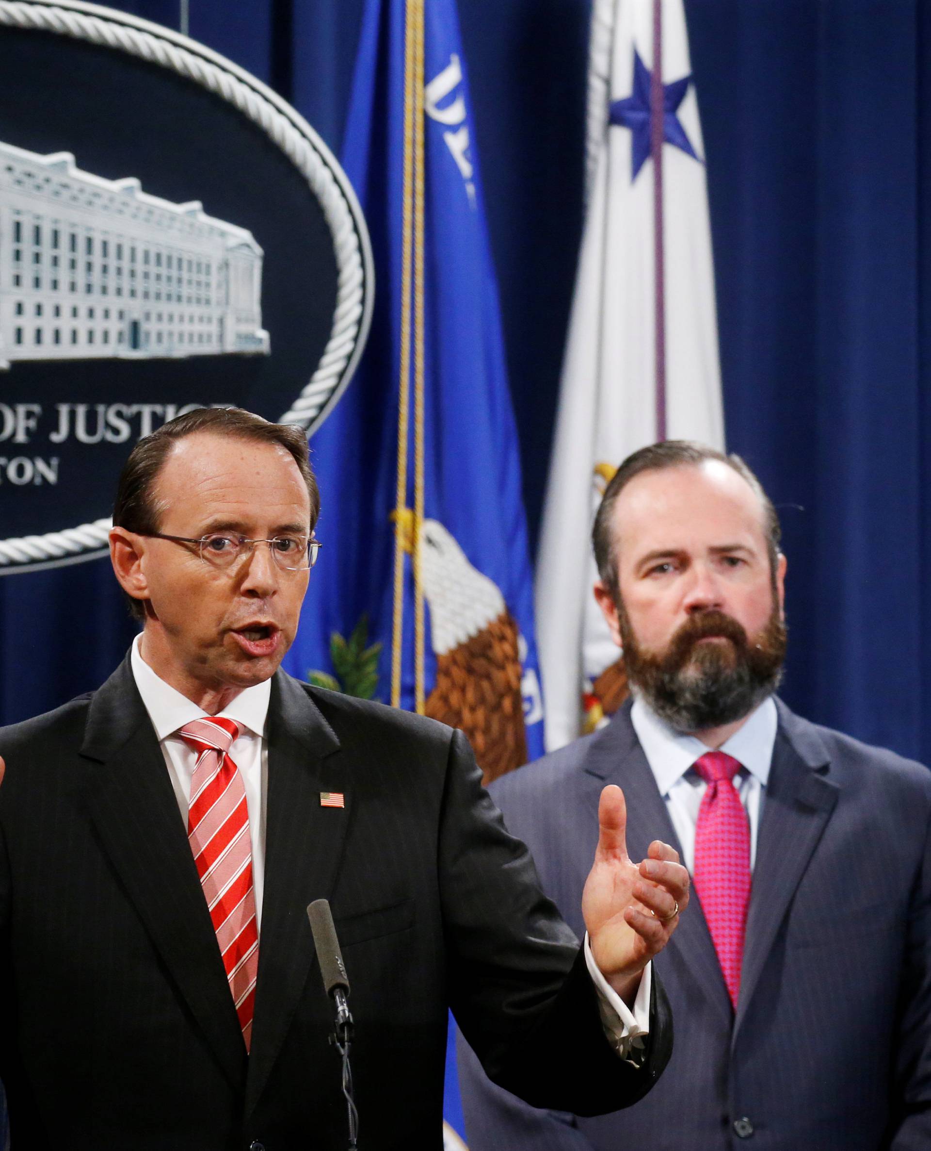 Deputy U.S. Attorney General Rosenstein announces indictments in special counsel Mueller's Russia investigation at the Justice Department in Washington