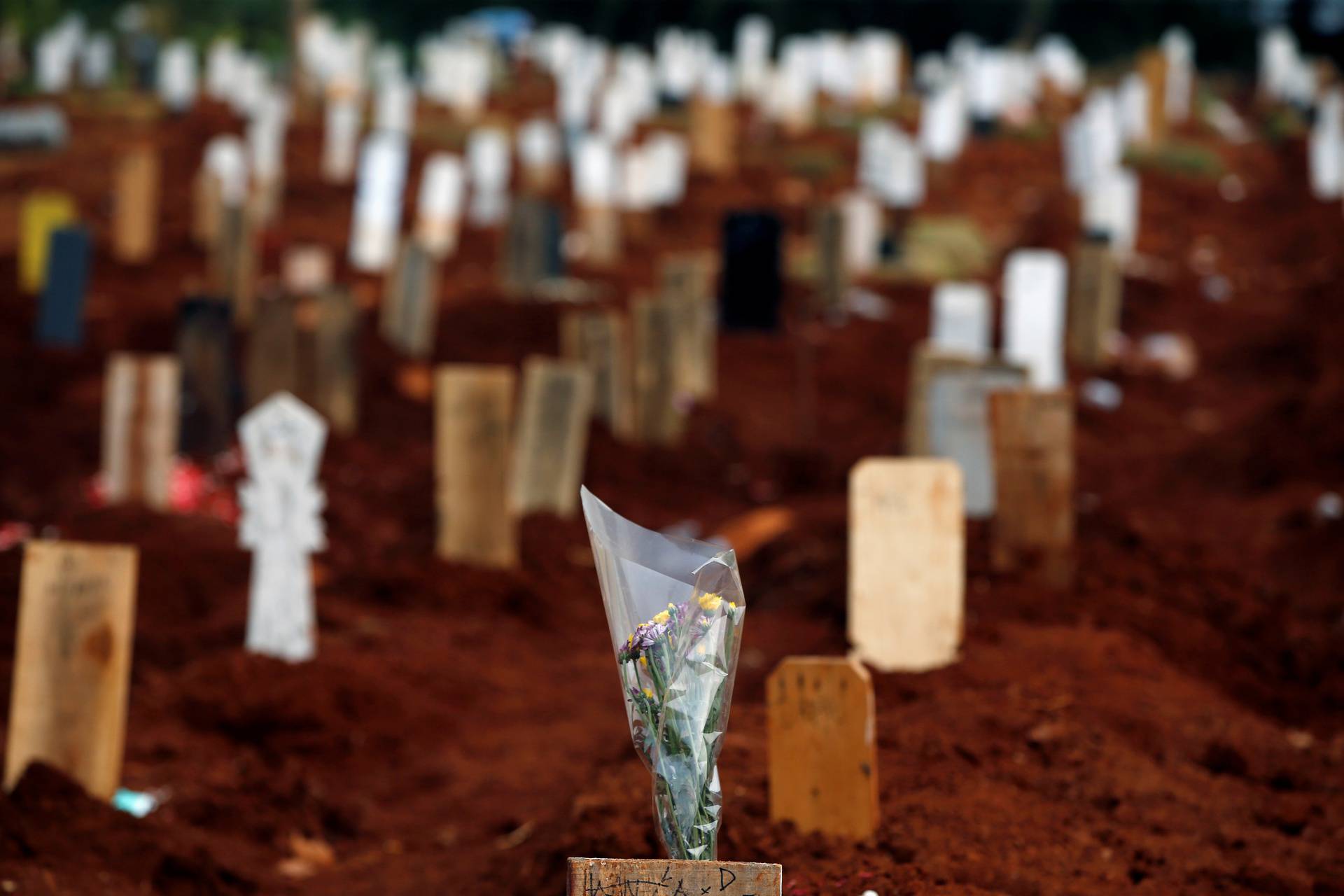 Flowers are placed on a grave at the Muslim burial area provided by the government for victims of the coronavirus disease (COVID-19) at Pondok Ranggon cemetery complex in Jakarta