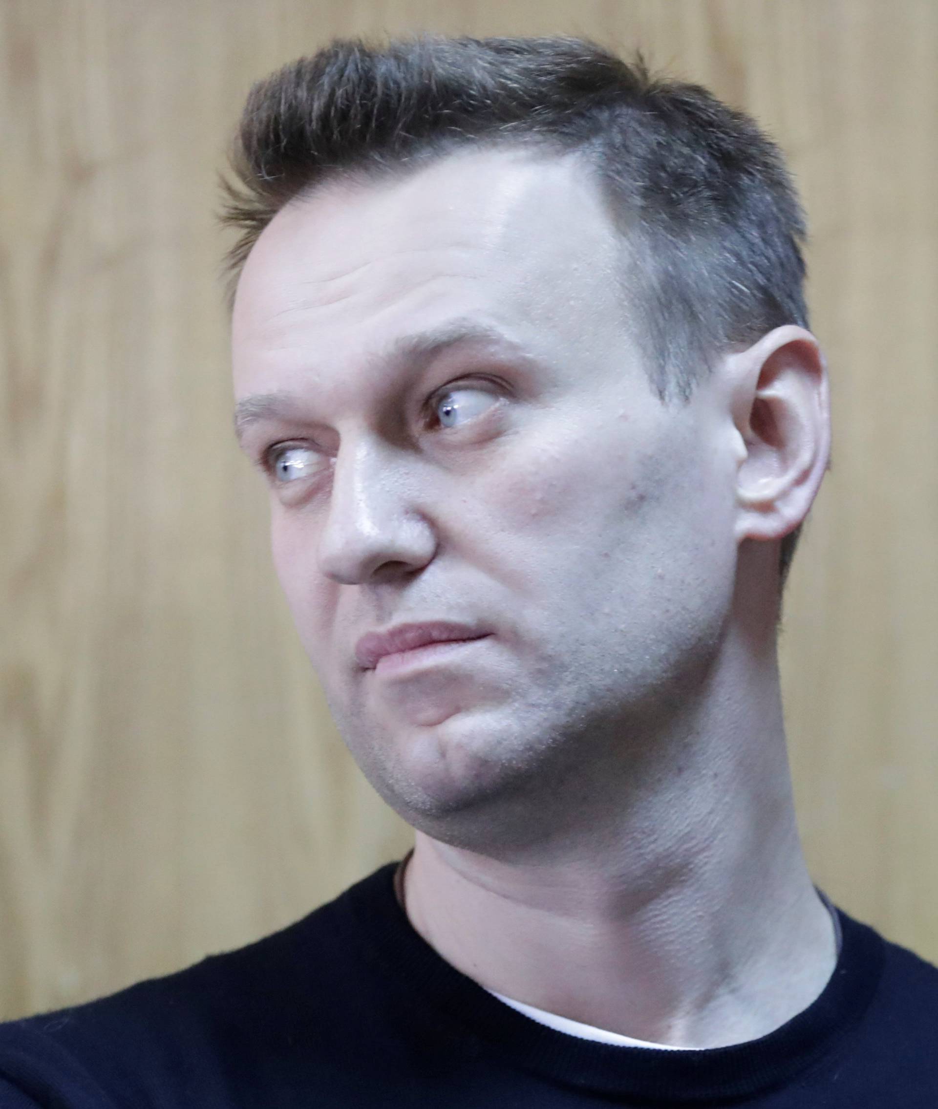 Russian opposition leader Navalny attends hearing after being detained at protest against corruption and demanding resignation of PM Medvedev, at Tverskoi court in Moscow