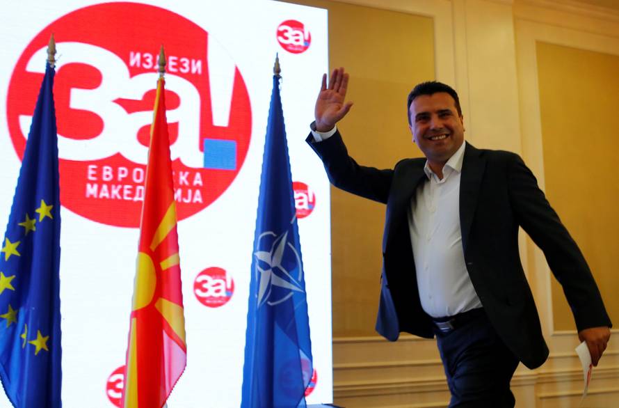 Macedonia's PM Zoran Zaev arrives to give a news conference during a referendum night on changing Macedonia's name that would open the way for it to join NATO and the European Union in Skopje