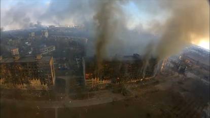 FILE PHOTO: Still image from drone footage shows destruction across Mariupol