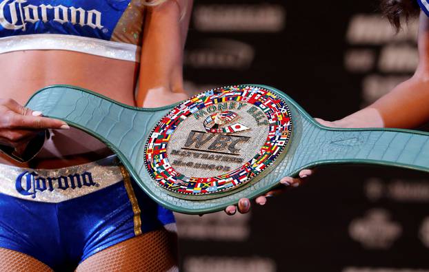 The WBC "Money Belt" is displayed during a news conference with undefeated boxer Floyd Mayweather Jr. of the U.S. and UFC lightweight champion Conor McGregor of Ireland in Las Vegas