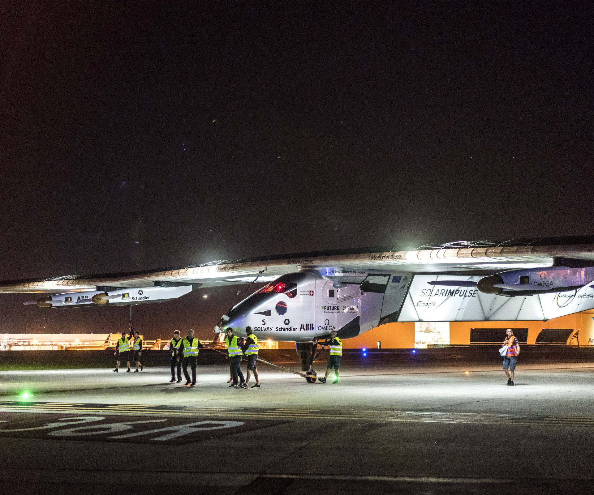 Solar Impulse 2, the solar-powered plane, is pictured after landing at Tulsa International Airport