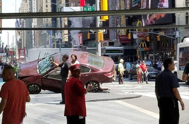 A vehicle that drove up on the sidewalk on Broadway & 43rd is seen in Times Square in New York