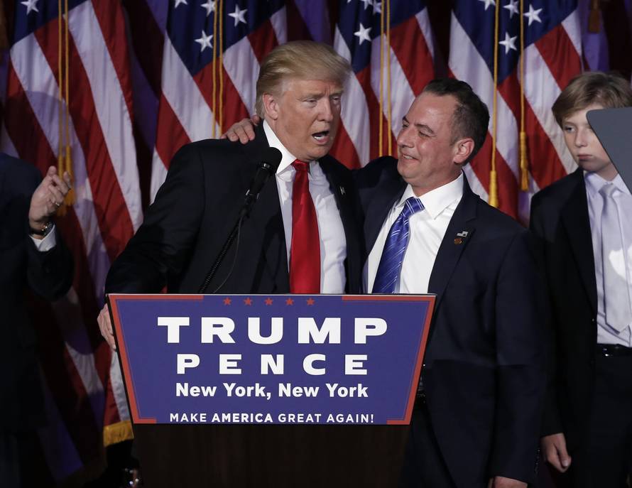 Donald Trump and Reince Priebus address supporters during his election night rally in New York