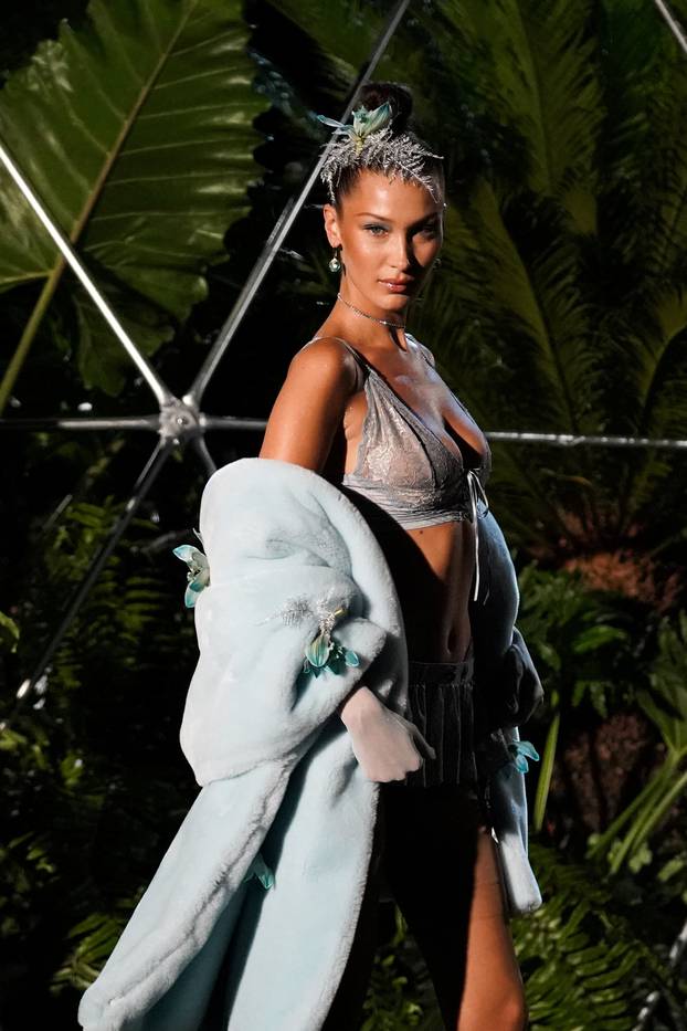 Model Bella Hadid presents a creation from Rihanna during the Savage X Fenty event in New York City