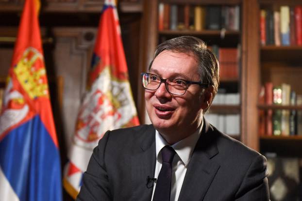 Serbian President Aleksandar Vucic speaks during an interview with Reuters in Belgrade