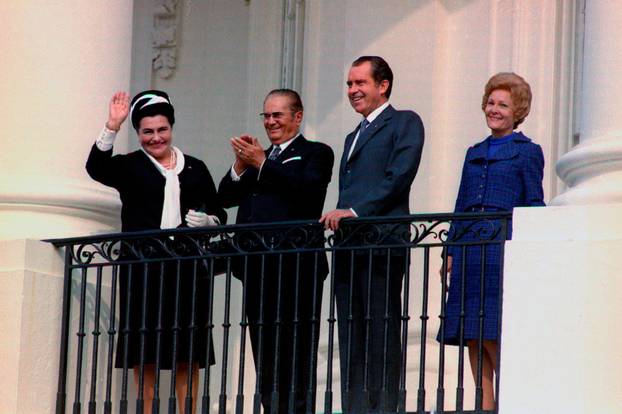 President and Mrs. Broz, President and Mrs. Nixon overlooking arrival ceremony on the South Lawn from the South Balcony of the White House. October 28, 1971