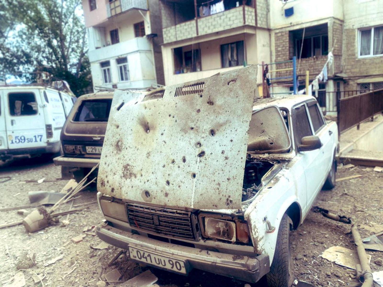 A view shows a damaged residential building in Nagorno-Karabakh