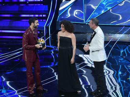 Sanremo, 74th Italian Song Festival, First Evening. Marco Mengoni and the guests on stage