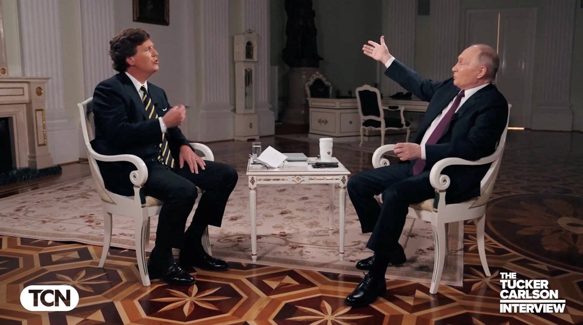 Russian President Vladimir Putin speaks during an interview with U.S. television host Tucker Carlson, in Moscow